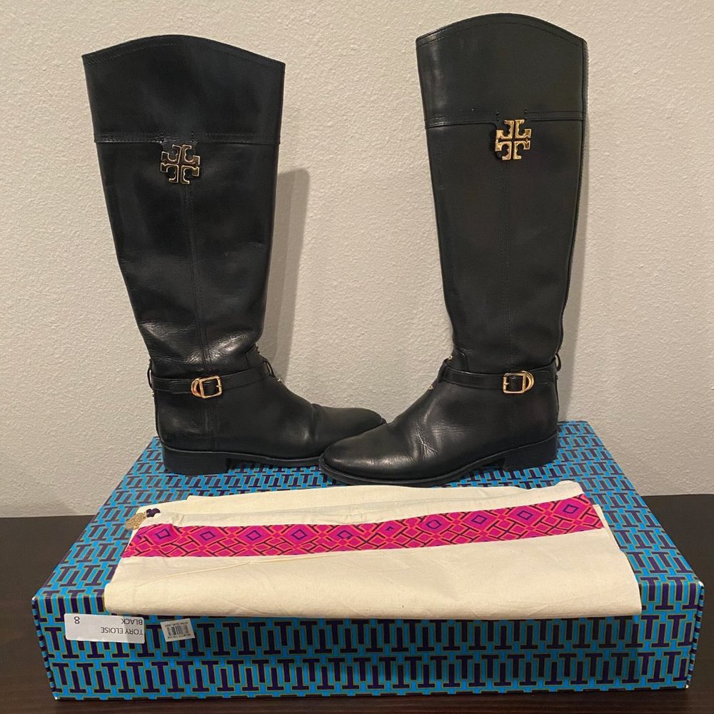Tory Burch Black Leather Eloise Gold Logo Riding Boots Size 8